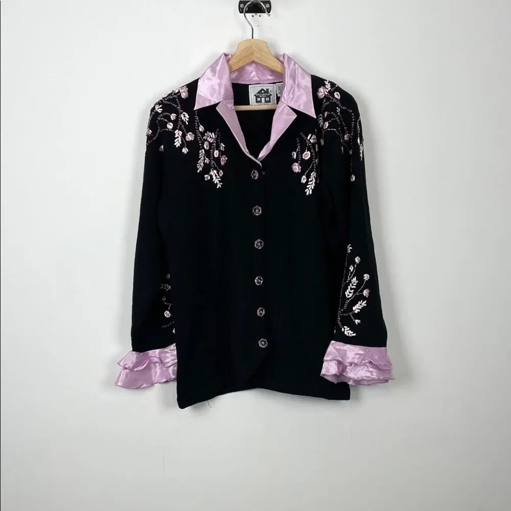 Storybook Knit Vtg Black Button Cardigan Sweater Pink Embroidery Satin Trim L